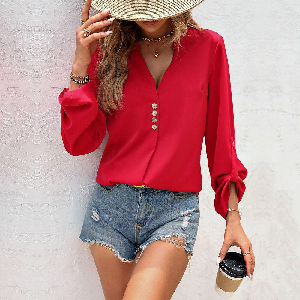 Autumn And Winter New Clothing Sexy V-Neck Temperament Commuting Long Sleeved Women's Shirt KLMY