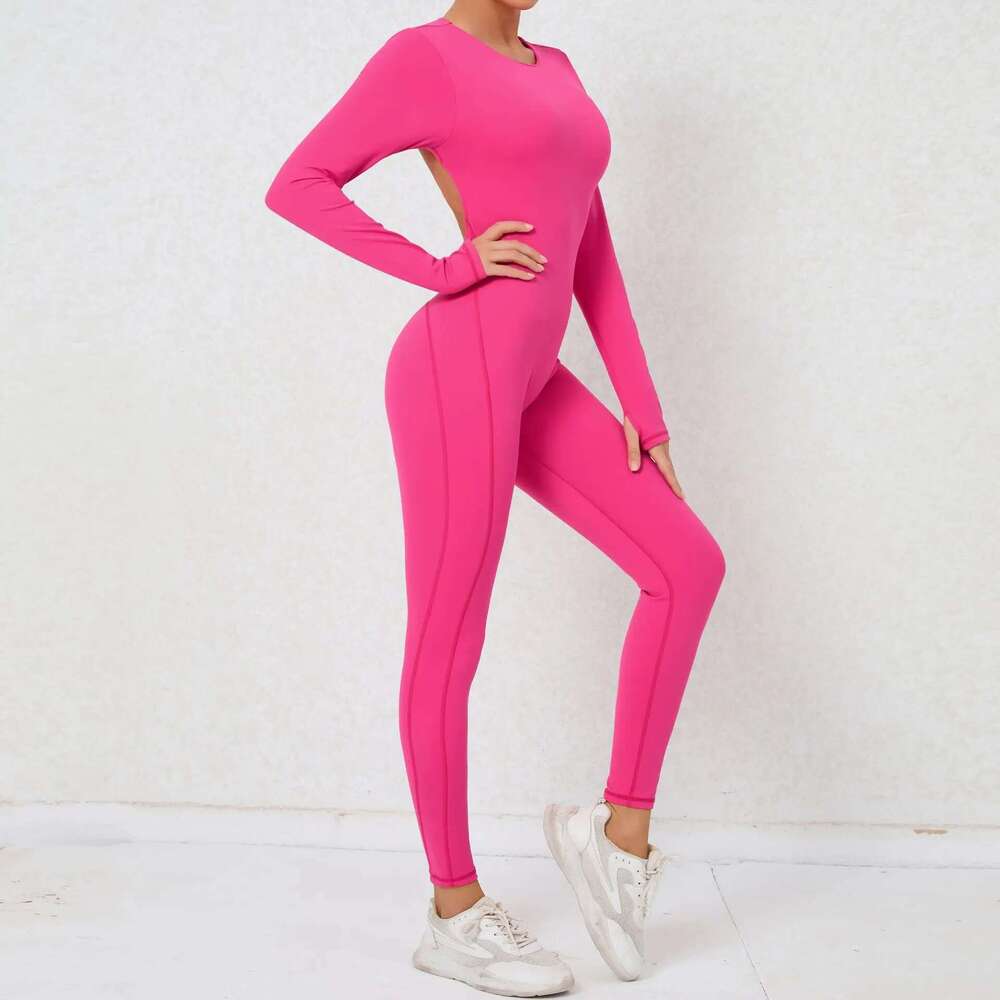 Pad Backless One Piece Jumpsuit Gym Set Women Training Yoga Suit Sports Long Sleeves Fiess Rompers Legging Workout Bodysuits KLMY