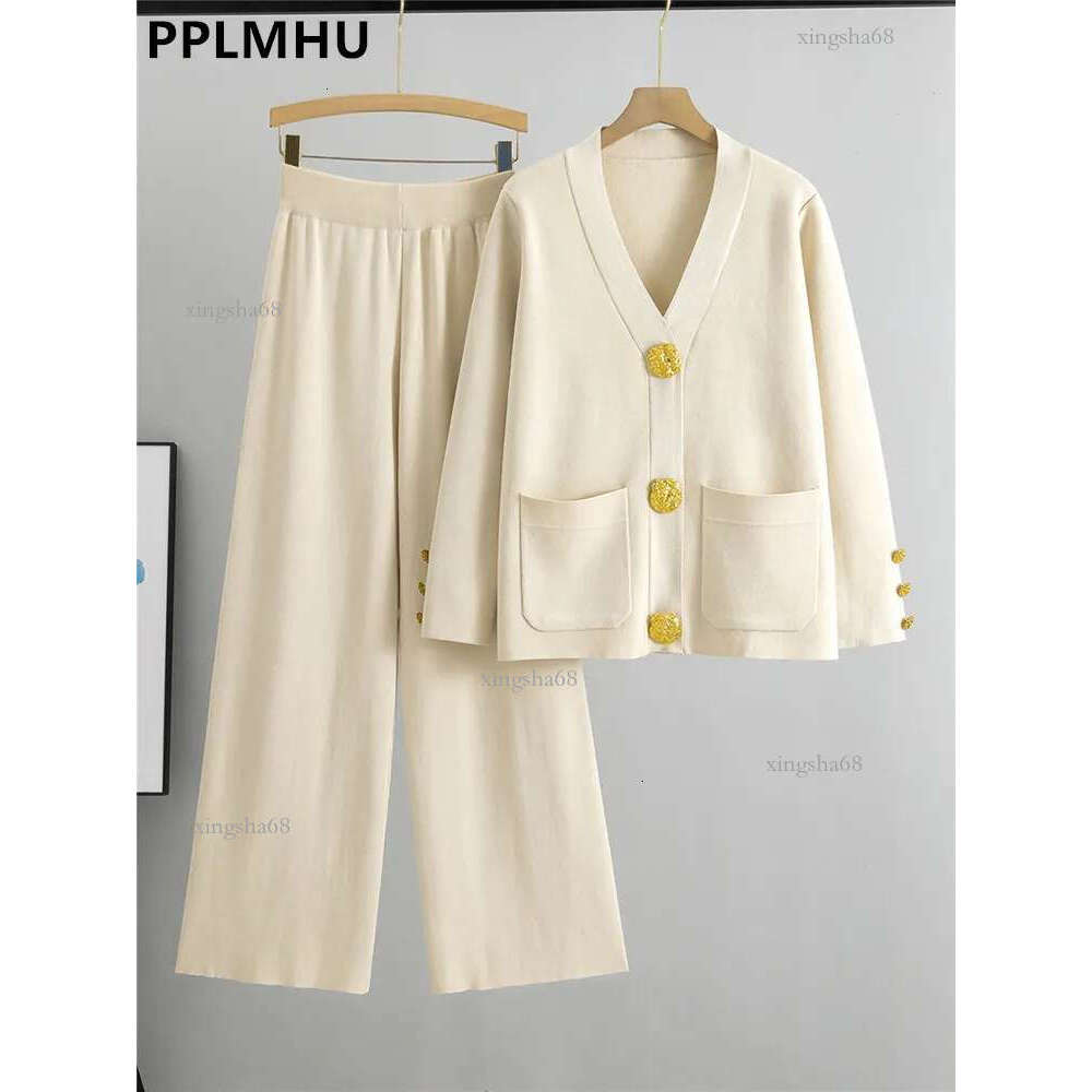 Fall Winter Women's Knit Sweater Sets New Large Gold Button V-Neck Cardigan Coats Conjunto High Waist Baggy Wide Leg Pants S