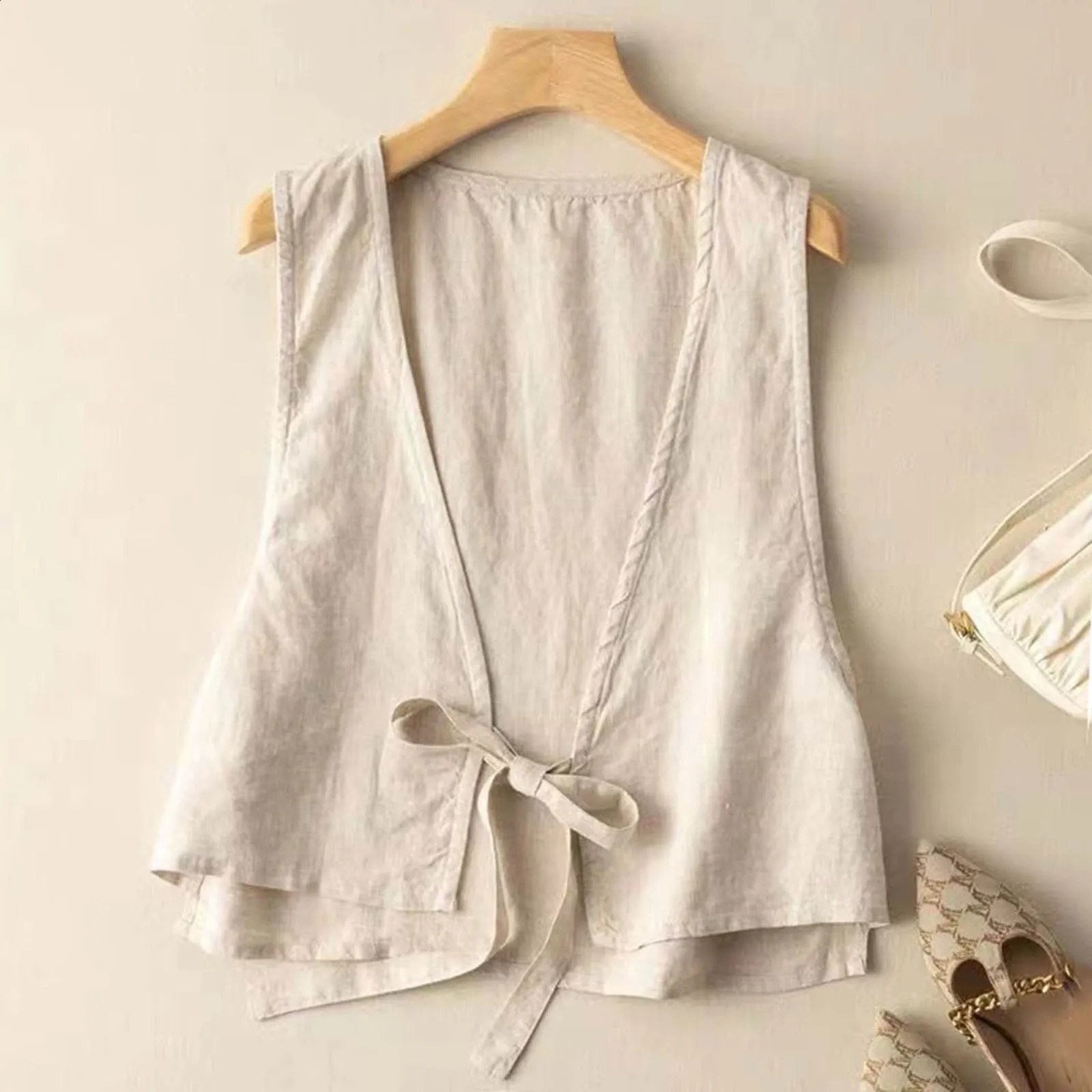 Womens Cotton Linen Vest Cardigan Casual Loose V Neck Sleeveless Jackets Summer Lace Up Solid Vests Waistcoat Ladies Elegant Tops 250227Z