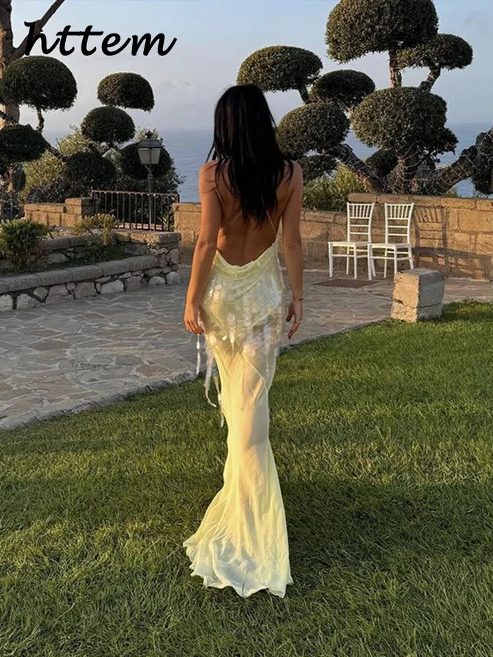 Sexy Sequins Backless Long Mermaid Dress Women Bodycon Halter Neck Sleeveless See Through Party Dresses Autumn Evening Gown 250305