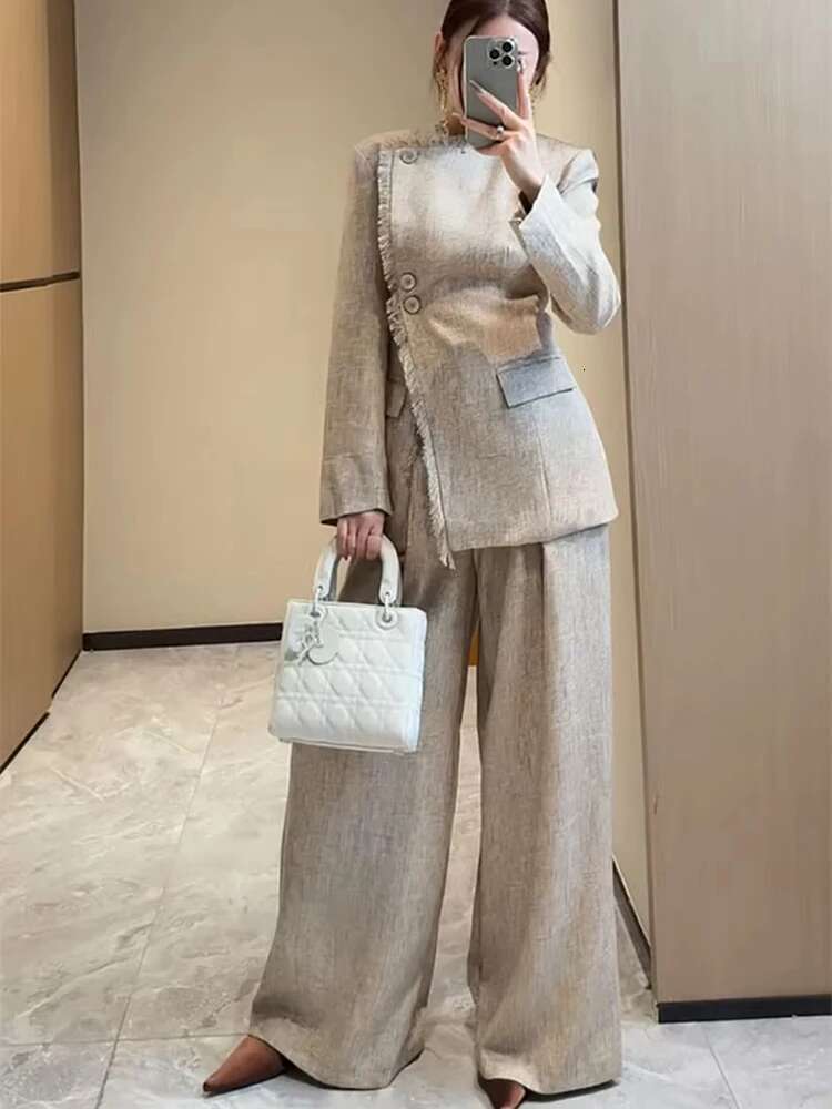 YERMORA Women Two-Piece Suit Irregular Tassel Blazer O-Neck Long Sleeve Fashion Tide Wide Leg Pants Spring Autumn 2025 New A236