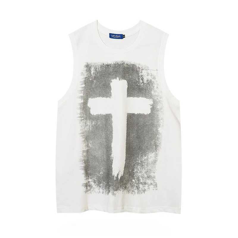 Mens Summer O-neck Sleeveless Short Sleeved Gothic Cross Printed Vests Trendy High Street American Retro Loose Casual Tank TopsT250318