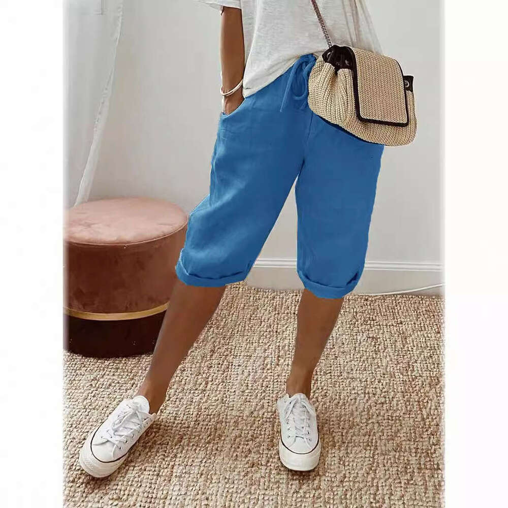 European American cotton en pocket elastic casual women's five quarter pants 2025 new style chic and elegant clothing