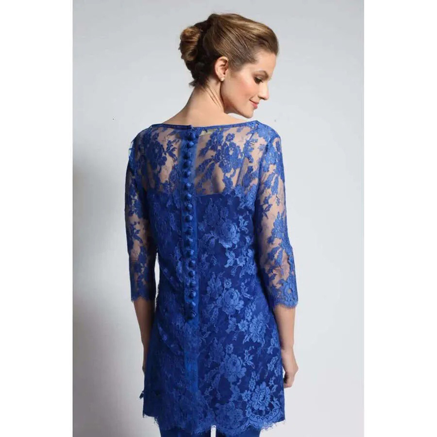 Elegant Royal Blue Mother Of The Bride Suits Lace Half Sleeves 3 Pieces Wedding Party Gowns Guest Groom Mom Formal Wear Tea Length Spring Summer Eveni