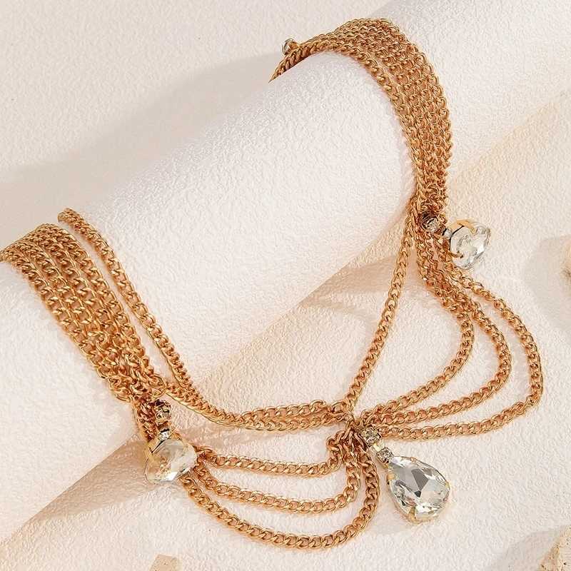Indian Bride Jewelry Fashion Elegant Mti-layer Gold Color Chain Crystal Water Droplet Tassel Chain Bridal dress X250306