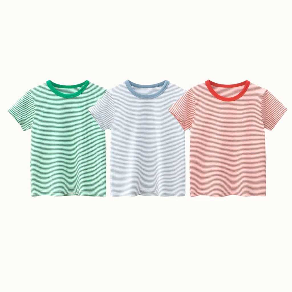 2024 Children Short T-Shirts Clothes for Boy 100% Cotton Short Sleeve Green Blue Red Striped Kids Casual Sport Top TeesT250306