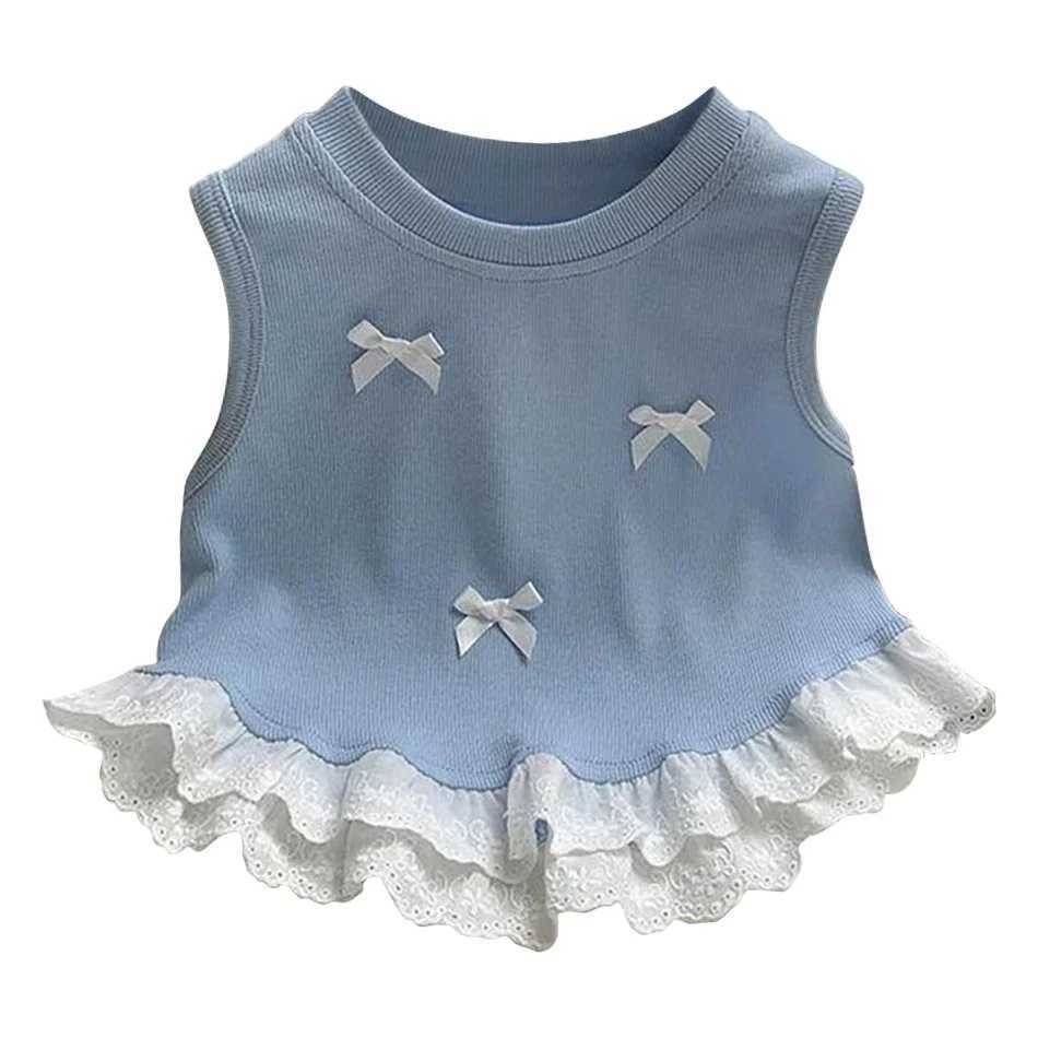 New Girls Summer Wear Short Sleeveless Bow-Knot Detail Floral Lace Edged Sweet T-Shirt Top Daily Versatile Children ClothingT250306