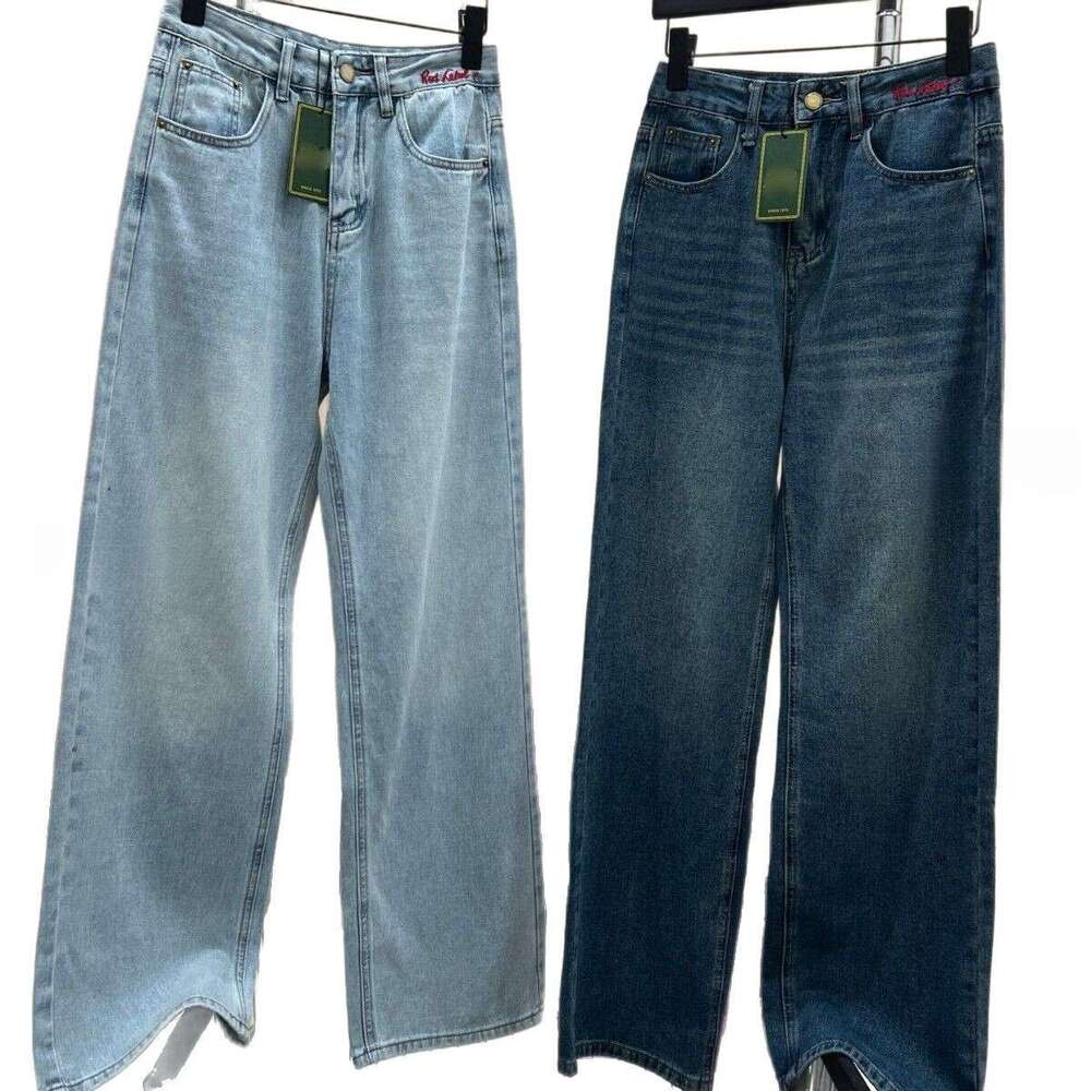 New Red Embroidered Narrow Edition Versatile Jeans, Leather Label Back Waist, Pocket Wide Straight Leg Pants For Women