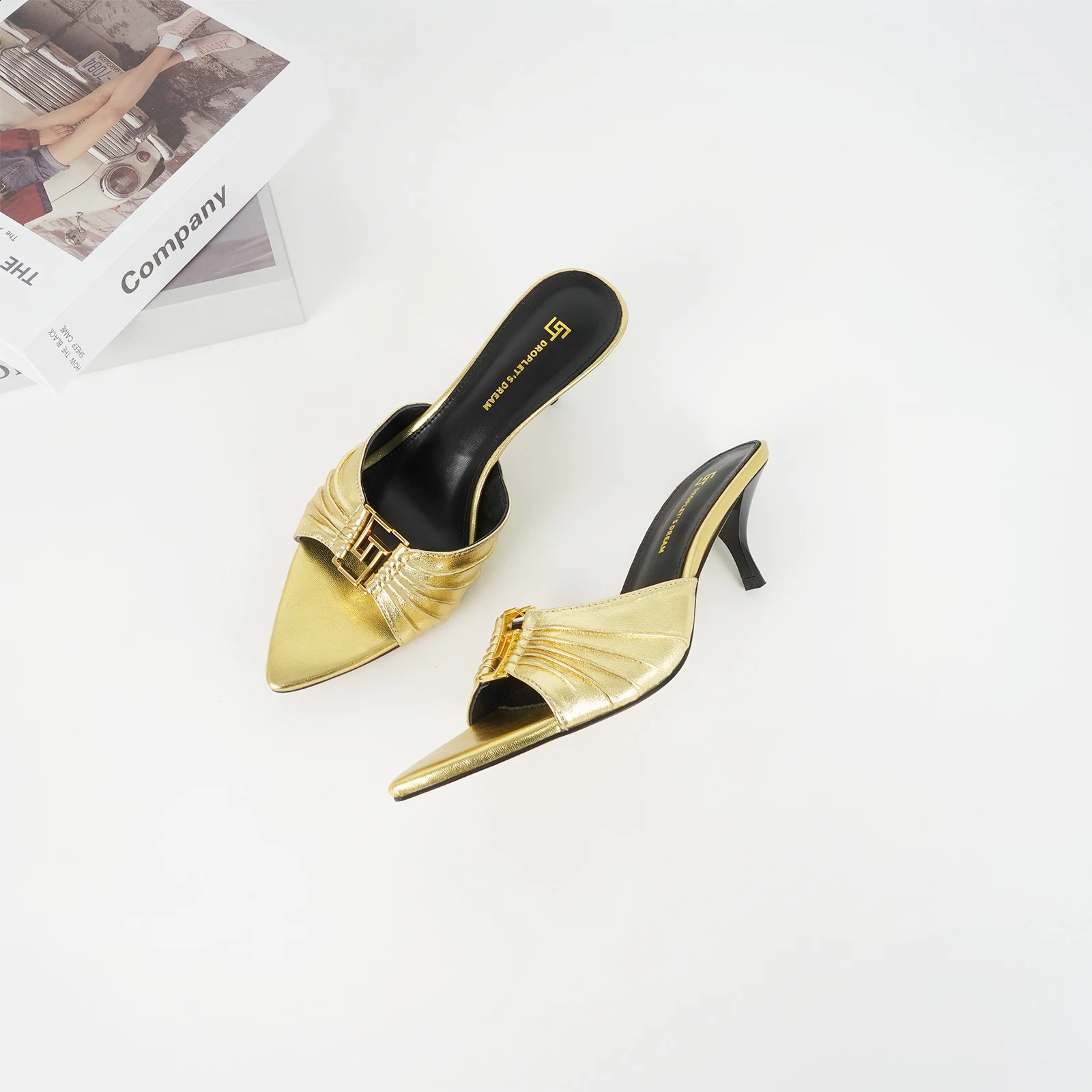 Ladies high heels plus size pointed toe exposed toe slim heel slippers luxurious leather party shoes summer style 250305