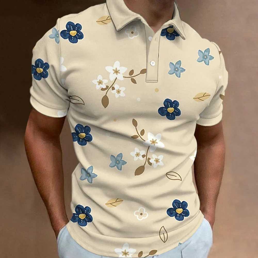 Mens Polo Shirt Summer Street Casual Short Sleeve Flower Print Buttons Tops Fashion Pullover Oversized Clothing Male Wear X250306