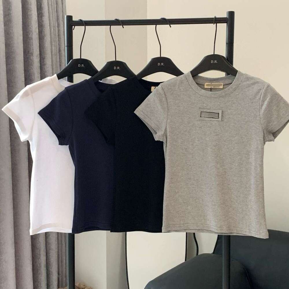 Spring/Summer New Embroidered Simple Shoulder T-Shirt Retro Spicy Girl Style Slim Fit Round Neck Short Sleeve