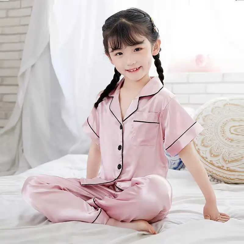 Childrens Pajama Set Cartoon Little Bear Girl Ice Silk Satin Top and Pants Set Boys Pajama Spring Summer Kids Baby Sleepwear M250306
