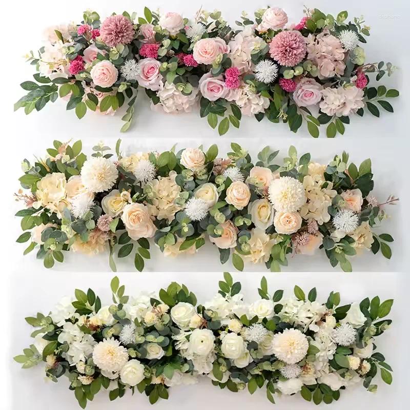 Decorative Flowers 100cm Luxury White Rose Artificial Flower Row Wedding Table Centerpiece Backdrop Wall Arches Decor Party Stage Floral