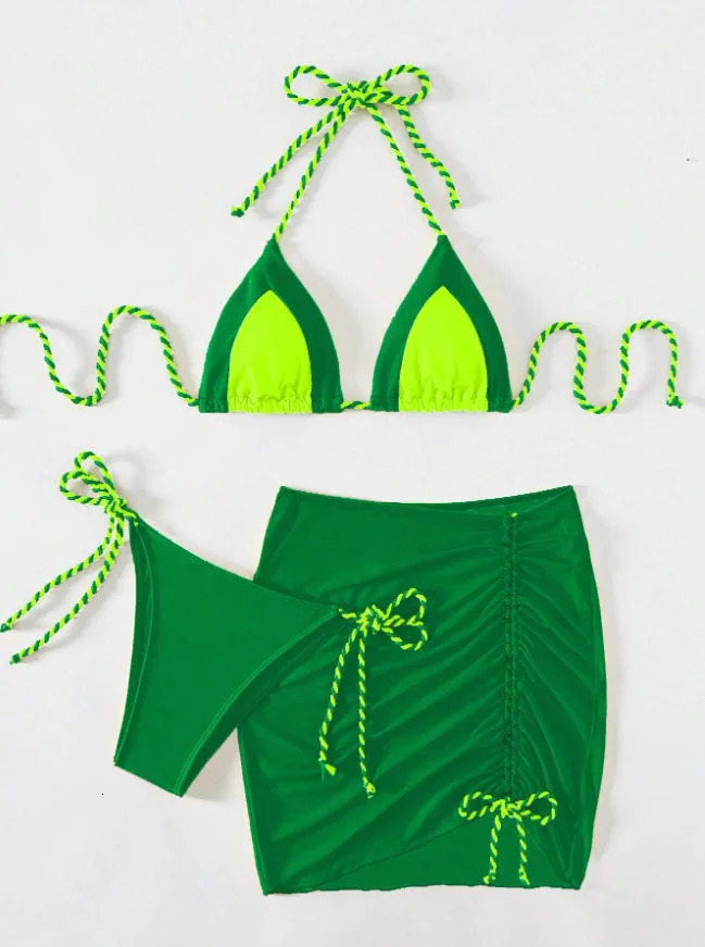 3piece swimsuit womens thong sexy striped bikini with sarong drag skiing beach yellow green 250306
