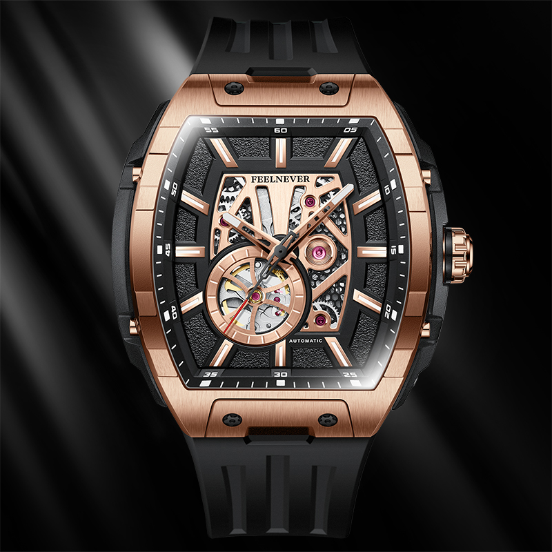 LIGE outdoor sports style wine barrel shaped mechanical men's watch with hollow design for men's business watches