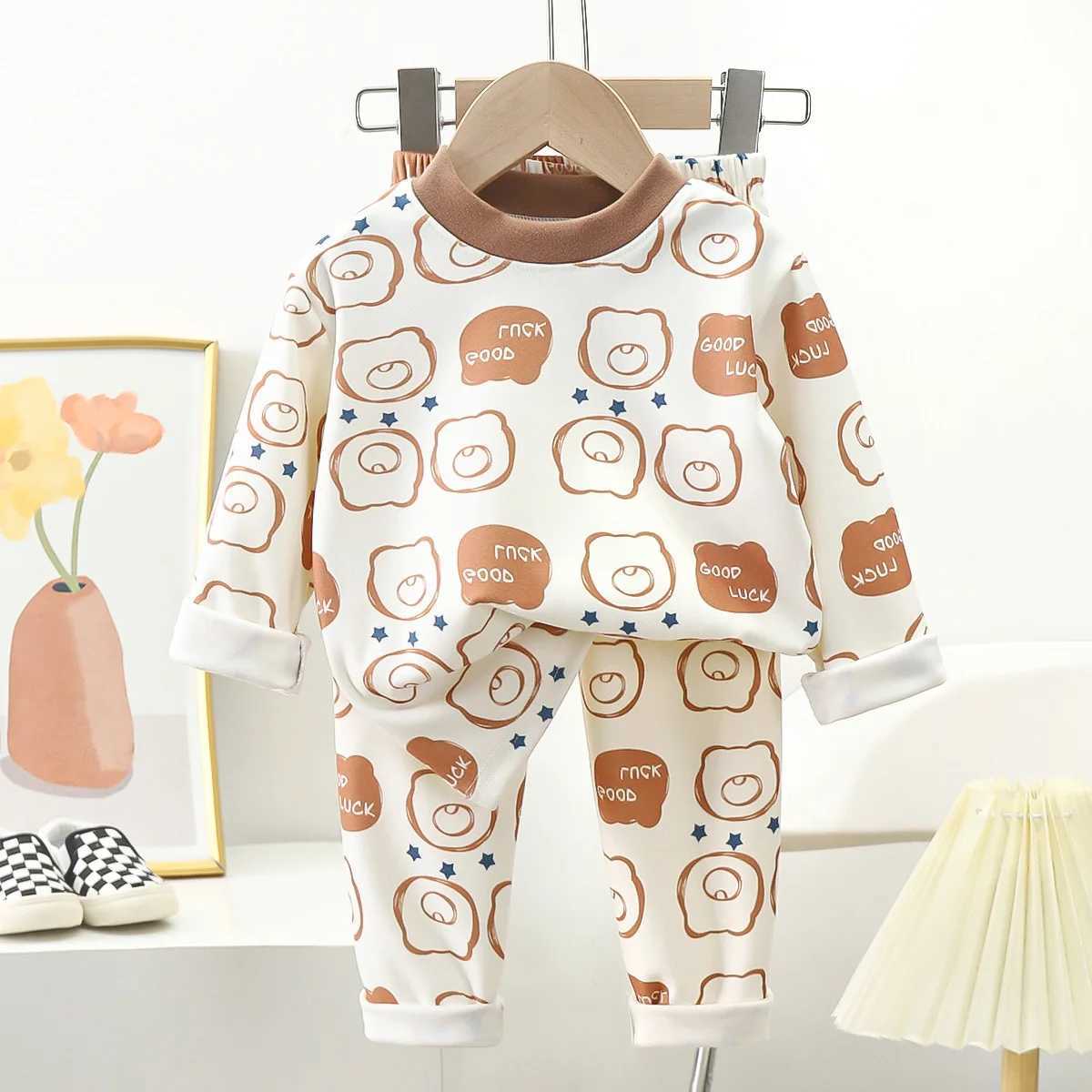New Kids Autumn Warm Pajamas Boys Girls Cute Cartoon Bear Long Sleeve T-Shirt Top + Pants Baby Sleepwear Underwear Clothing Sets M250306