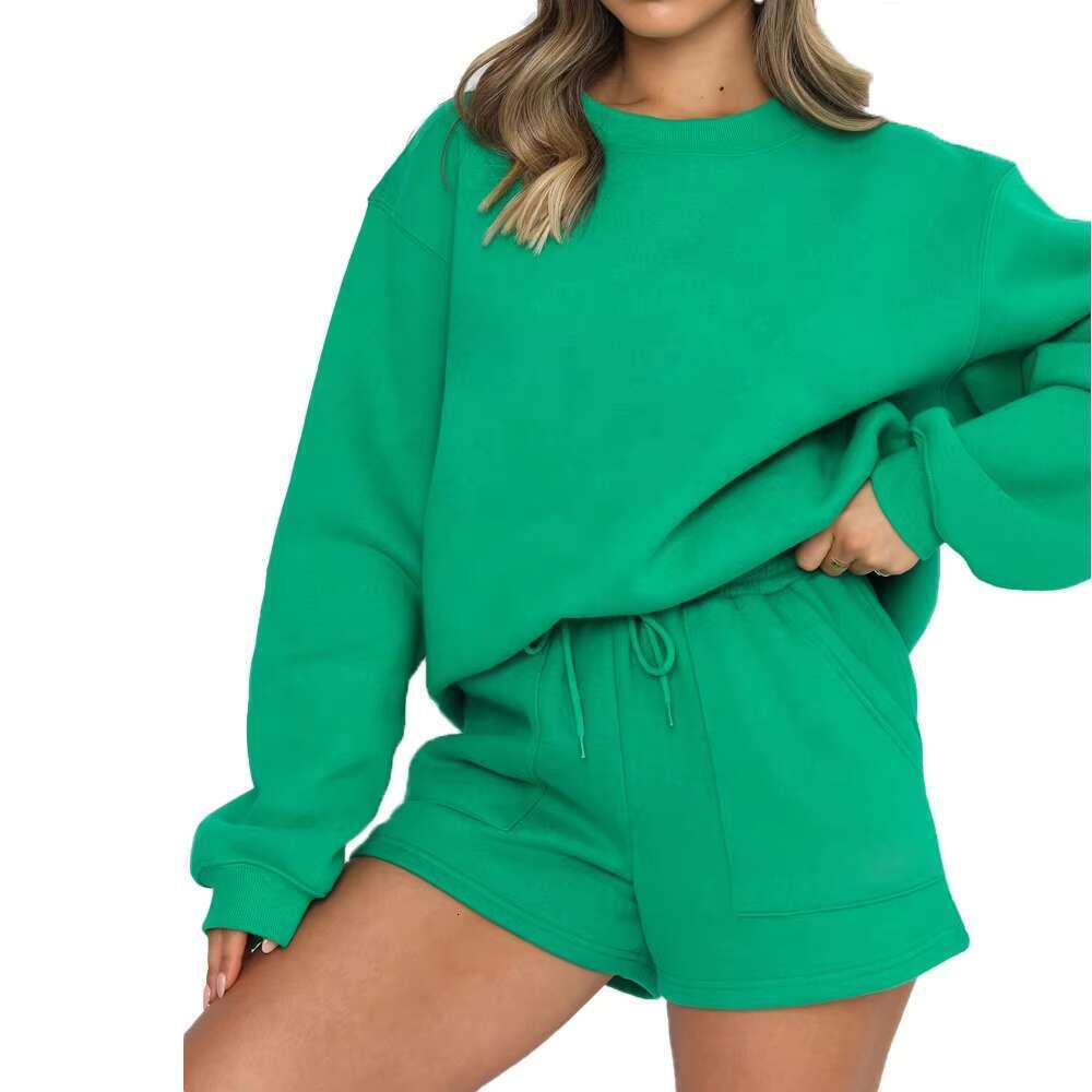 OEM Custom Oversized Cotton Jogger 2 Piece Sets Women Crew Neck Shorts Set Sweatshirt