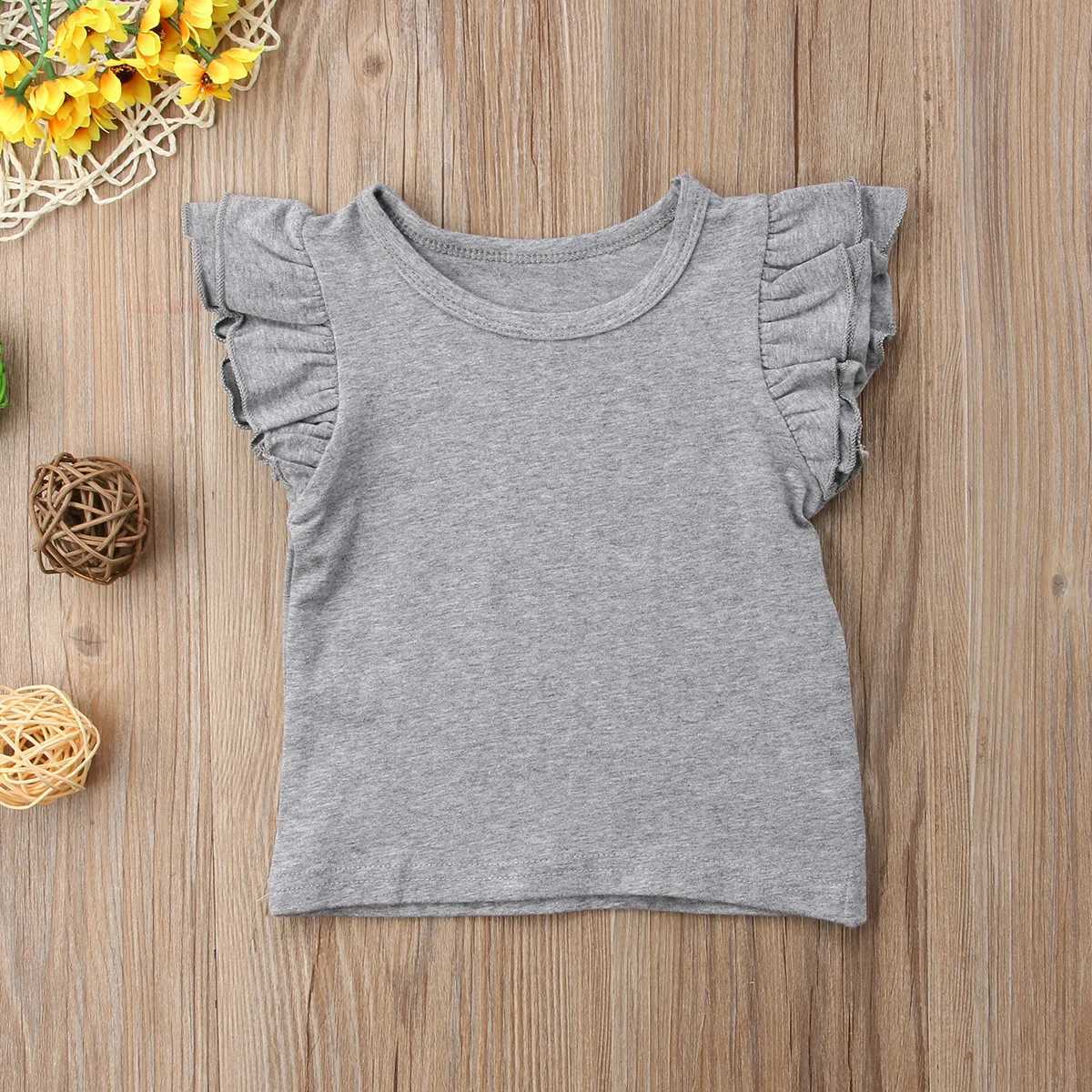 0-6Years Kids T-shirt Baby Girls Ruffle Short Sleeve Shirts Summer Solid Casual Chidren Blouse Tops Kids Clothes OutfitsT250306