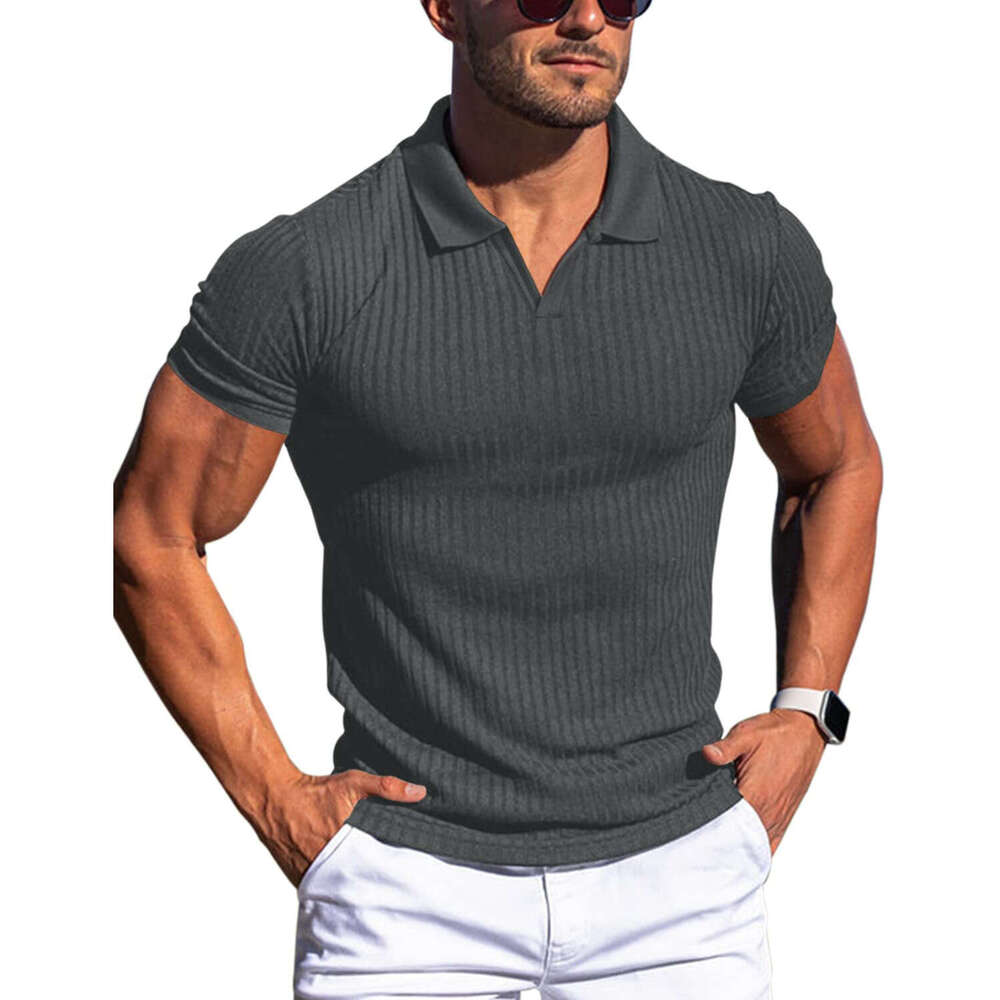 European and American summer polo shirt, V-neck vertical stripe short sleeved men's T-shirt, 2025 new casual versatile fashion clothing