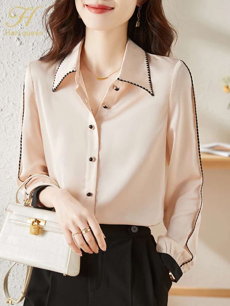 H Han Queen Korean Autumn Blusas Women Vintage Satin Colorblock Tops Chiffon Long Sleeve Casual Blouse Work Wear Office Shirts
