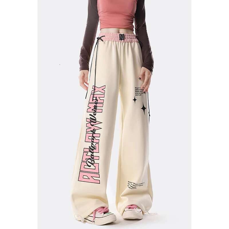 Women Apricot Sweatpants Baggy Y2k Streetwear Graphic Print Jogger Pants Vintage Haruku Wide Straight Trousers Clothes Spring