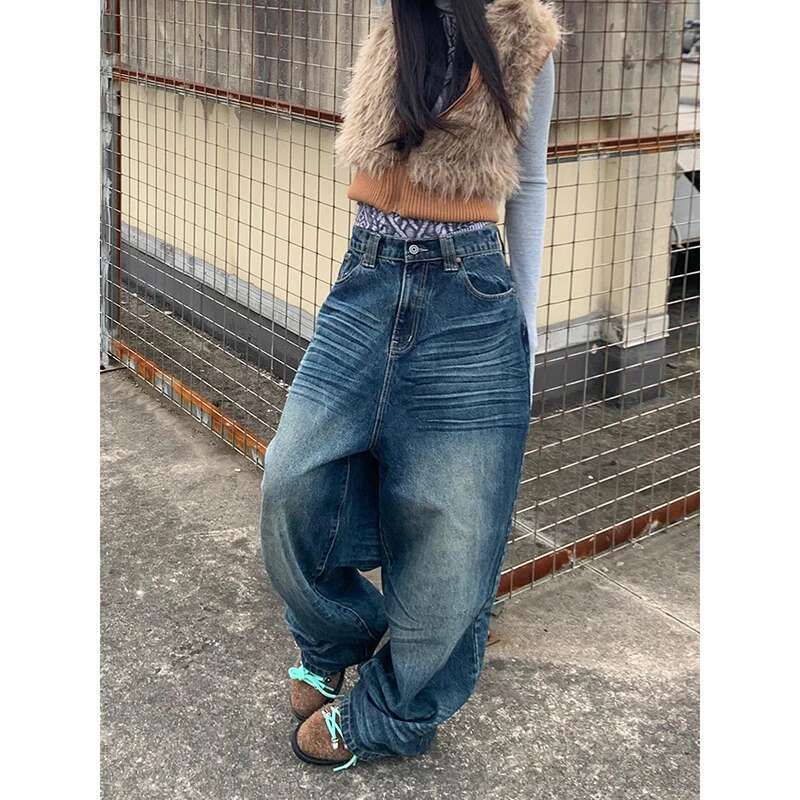 Y2k Style Blue Women Jeans 2024 Vintage Fashion High Waisted Streetwear Wide Leg Jean Female Trouser Hip Hop Baggy Denim Pants