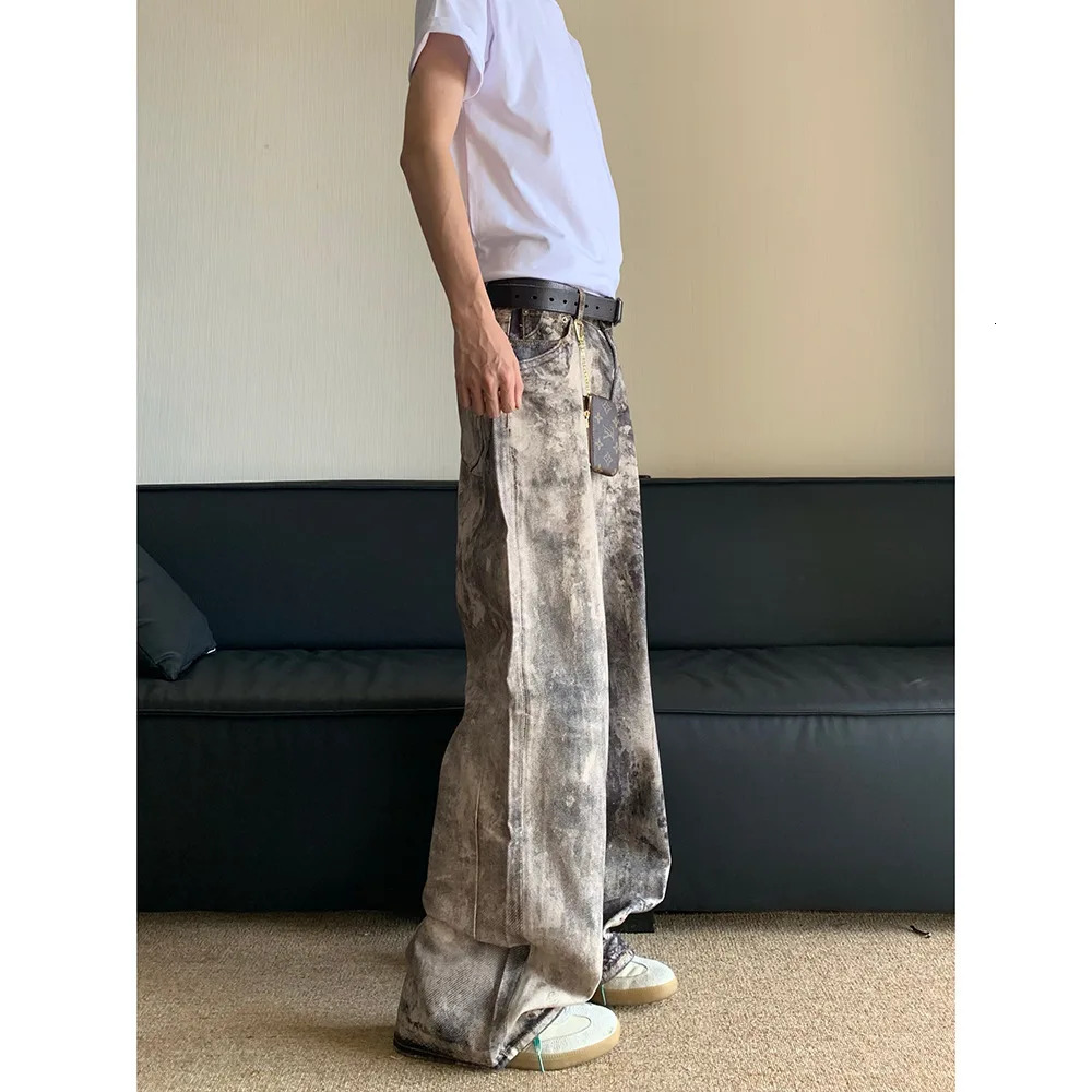 Mens Jeans Floor Length Pants Denim Camouflage Print Loose Casual Straight Trousers Pocket Splice Autumn Winter 250306wtt