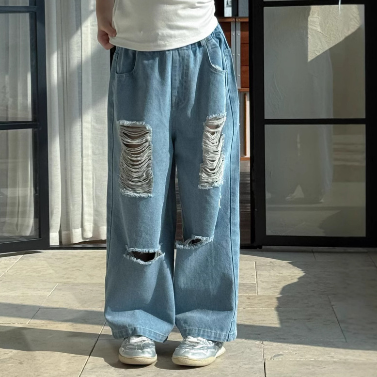 Ddmyshoesvip Children's 2025 summer new children's perforated jeans unisex trend style loose wide leg long pants
