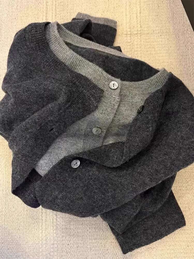 Fake Two 100% Pure Cashmere Sweater Cardigan Dark Grey High-Grade Wool Knit Coat Top