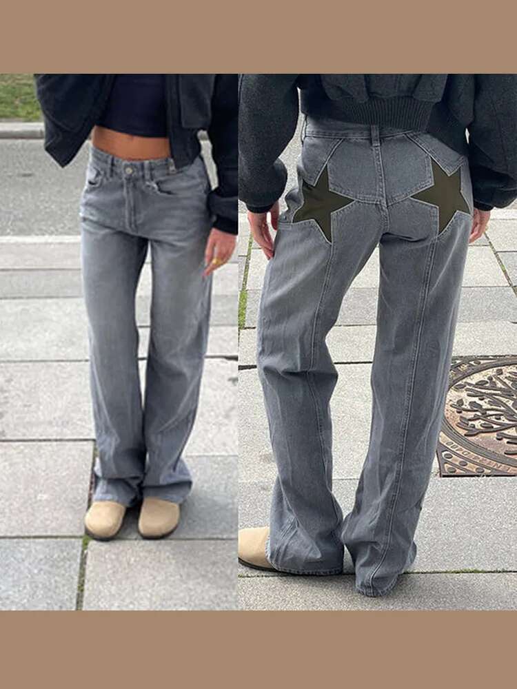 Street Pentagram Printed Jeans Women 2025 Spring Summer Chic Casual Mid Waist Wide Leg Or-Length Panelled Denim Pant Female