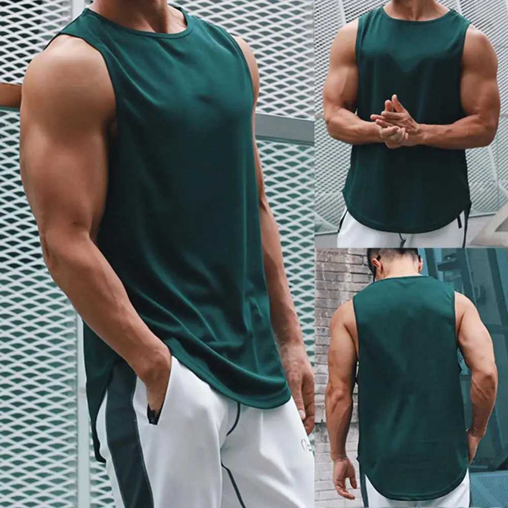 Men Vest Sweatshirt Solid Color Casual Sleeveless O-Neck Polyester Quick Dry Summer Loose Fitness Top Sports Tanks TopT250318