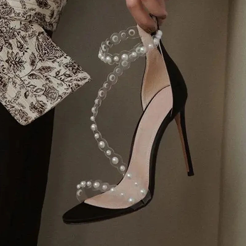 Women Heels Sandals Stiletto 8cm Sexy Heels Party Shoes Back Pearl Transparent Thin Heel One-sided Sandals 250306