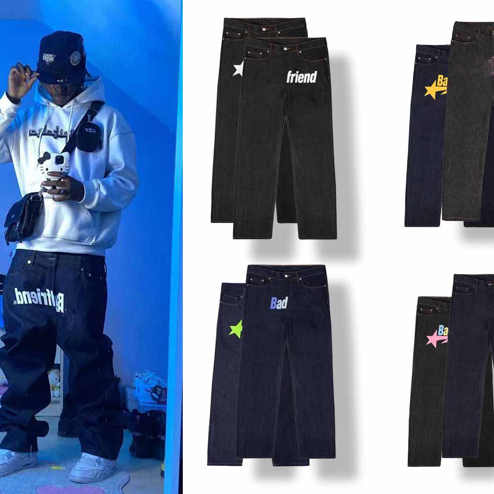 Men's Jeans Y2K Printed American Pants Women's Retro Fashion Trend Ins Loose Oversized Wide-Leg Friend And Bad Trousers