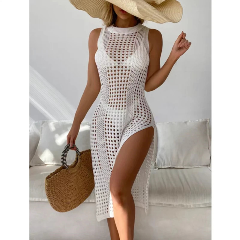 Abrini Women Hollow Out Crochet Cover Up Swimwear Sleeveless Bikini Dress Smock Split Sexy Beach Knitwear Solid Swimsuit 250226Z