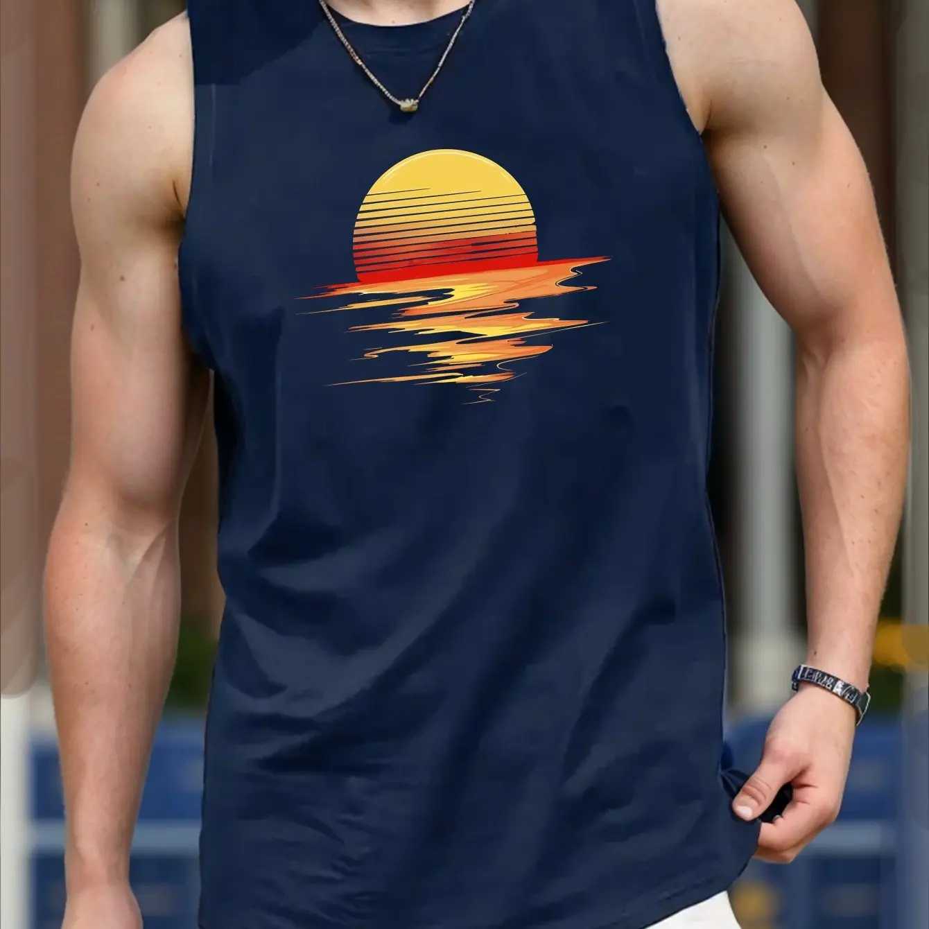 Summer New Mens Vest T-shirt Sun Sunset Print Round Neck Vest Daily Fitness Sports Comfortable And Breathable Daily Mens VestT250318