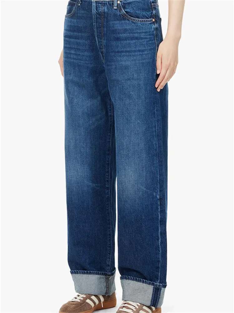 Women Dark Blue Jeans Elastic High Waisted Female Straight Wide Leg Denim Pants Versatile 2025 Spring New
