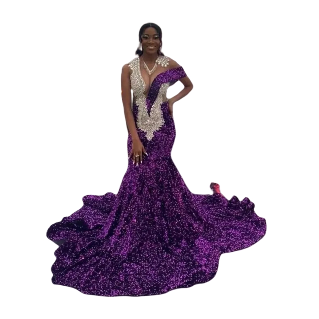 Sparkly Purple Sequined Mermaid Prom Dresses With Crystals Rhinestones Beaded Luxurious African Black Girls Special Occasion Dress Graduation Pageant 