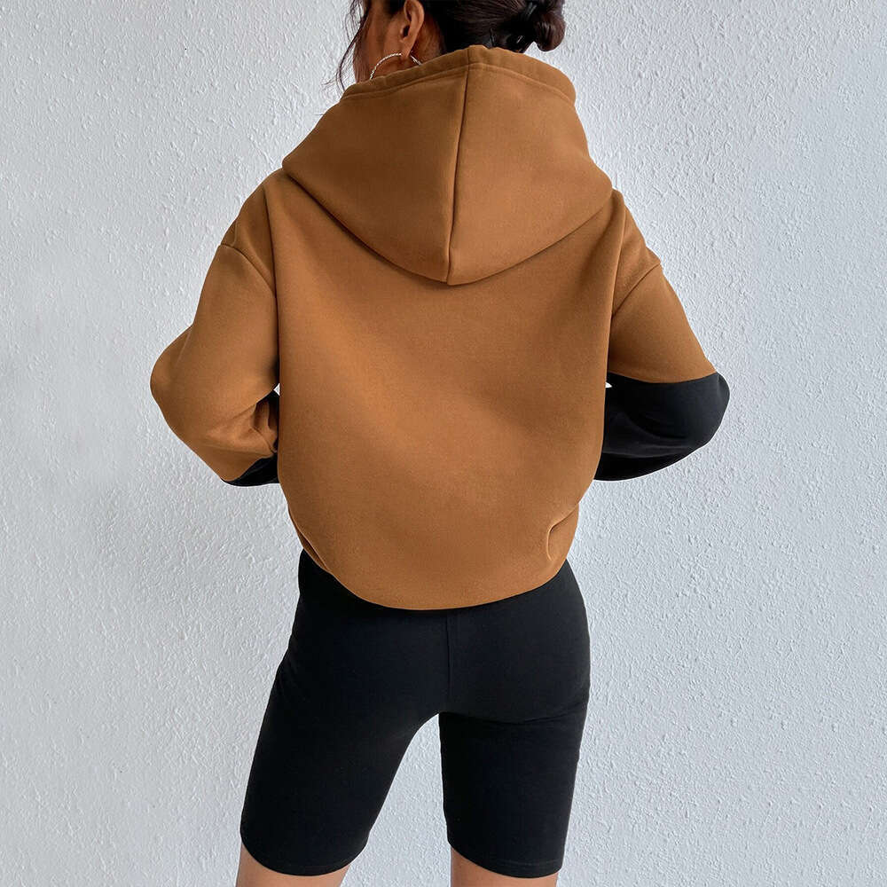 Autumn/Winter Women's Street Loose Fleece Hoodie With Contrasting Color Design, Hooded Long Sleeved Top KLMY