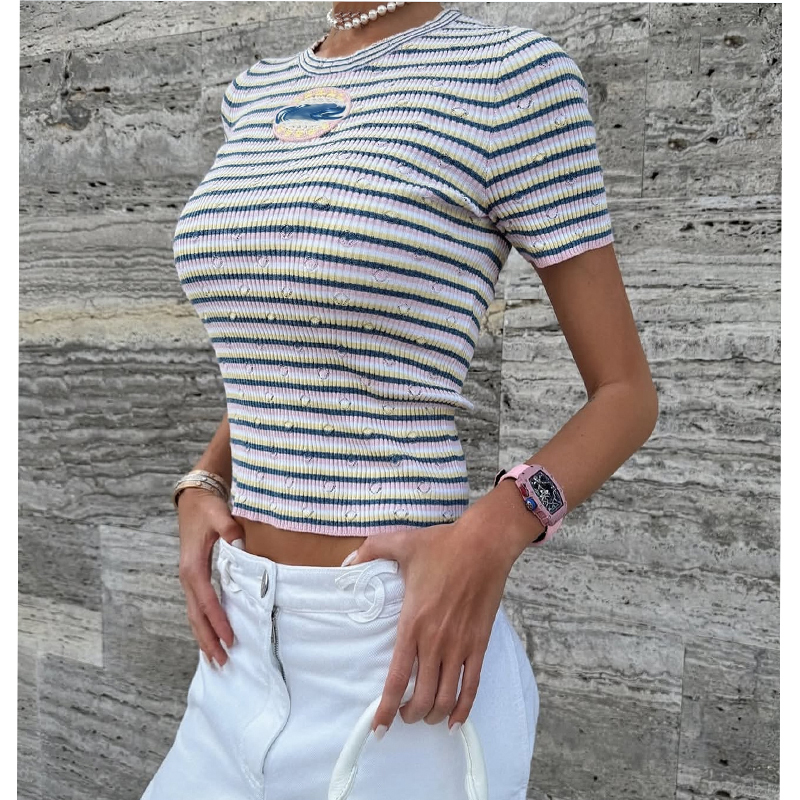 2025 Design Women's Stripe Knits Sweaters Summer Sweet Embroid Pattern Knit Pullover Women Sweater O-neck Elegant Short Sleeve Ladies Knit Tops