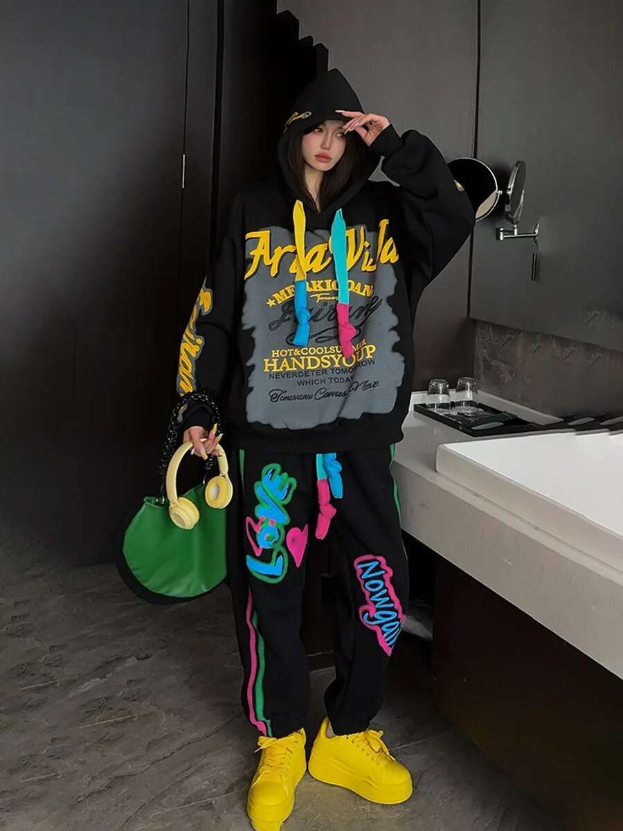 Spring Fashion Casual Sports Suit Graffiti Letters Hooded Sweatshirt Women Slim Loose Sweatpants Complete Set