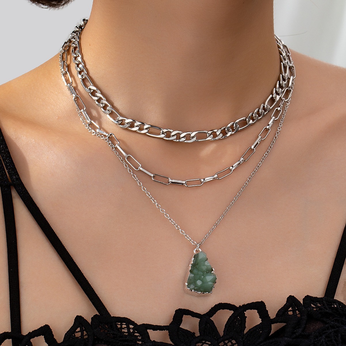 Simple Green Resin Pendant With Multiple Layers Of Different Chain Necklaces for Women