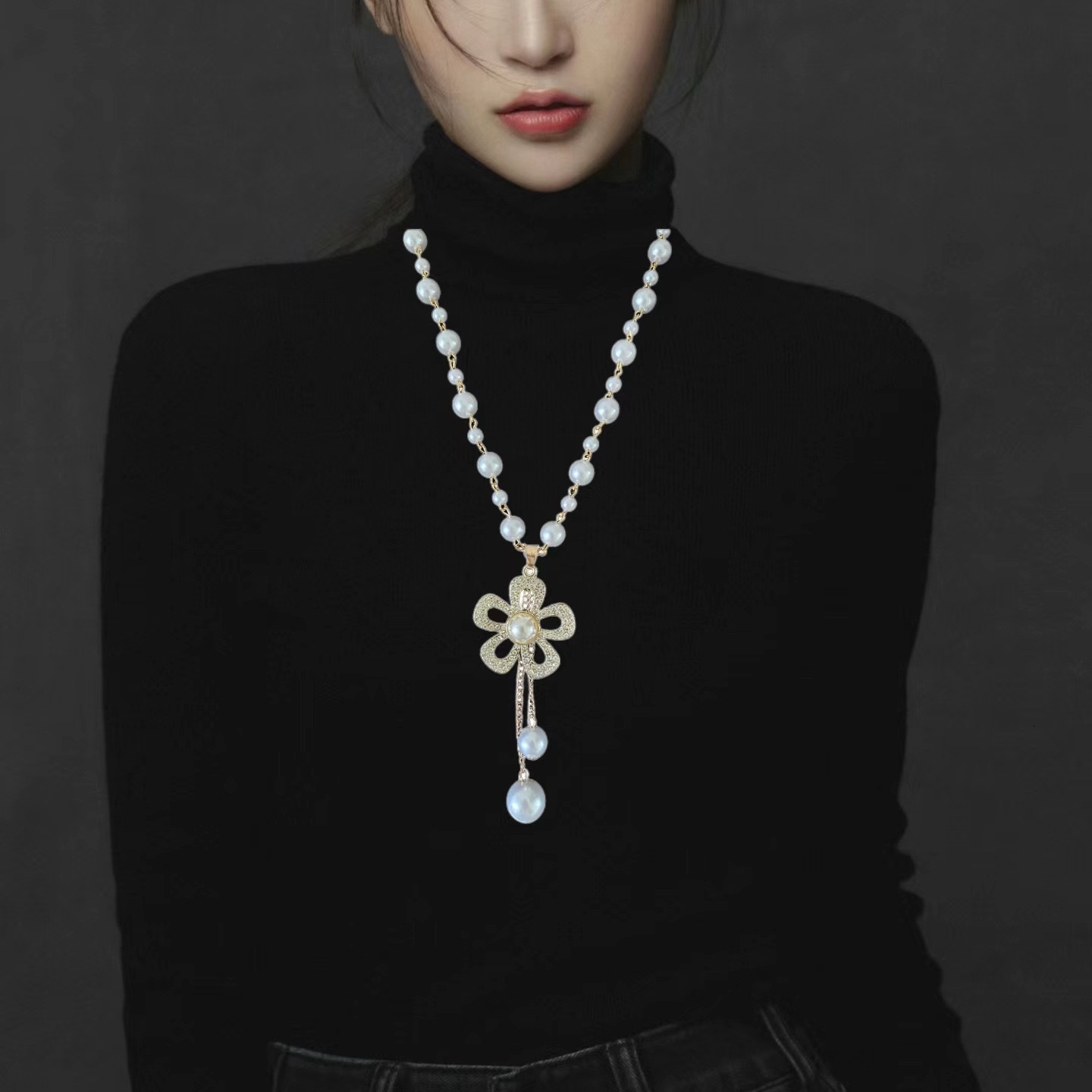 Long Pearl Necklace Female Korean Fashion Crystal Fringe Pendant Autumn And Winter Jewelry
