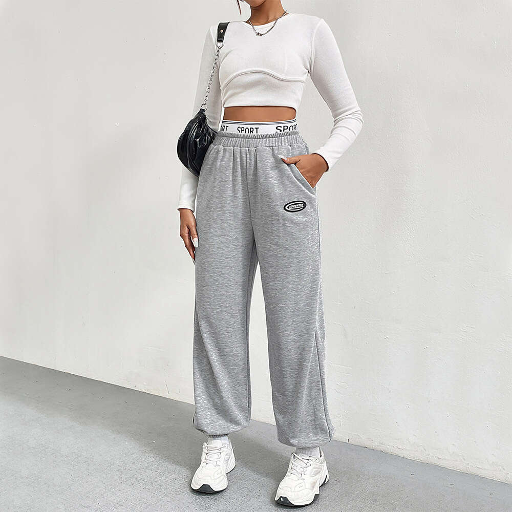Women's Clothing Autumn/Winter American Gray Sports Look Slim, Loose, Wide Leg Pants, Labeled Sweatpants, Long Pants KLMY