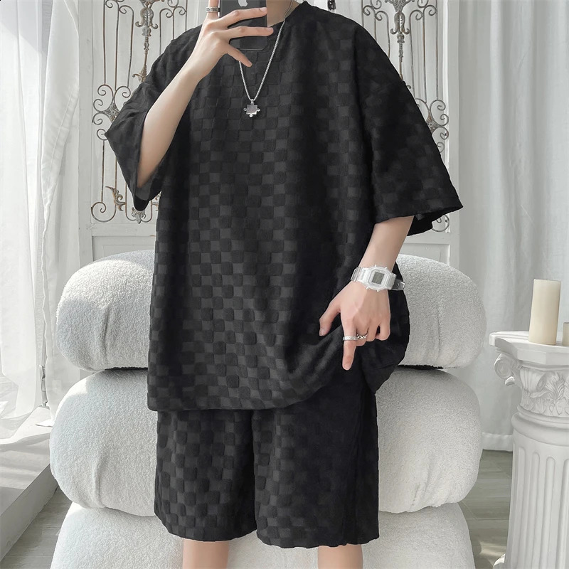 Mens Set Fashion Summer Loose Casual Plaid T Shirts And Shorts High Quality Korean Clothing Mens Clothes Big Size 5XL-M 250303