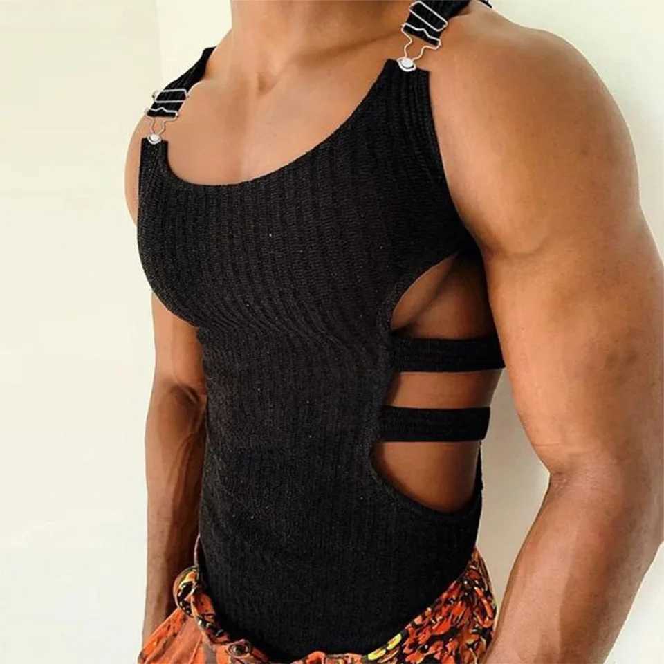 Sexy Cutout Mens Sleeveless Knitted Slim Crop Tops Adjustable Vests Erotic Sweatshirt Hollow Tank T Shirt Muscle Suspender VestT250318