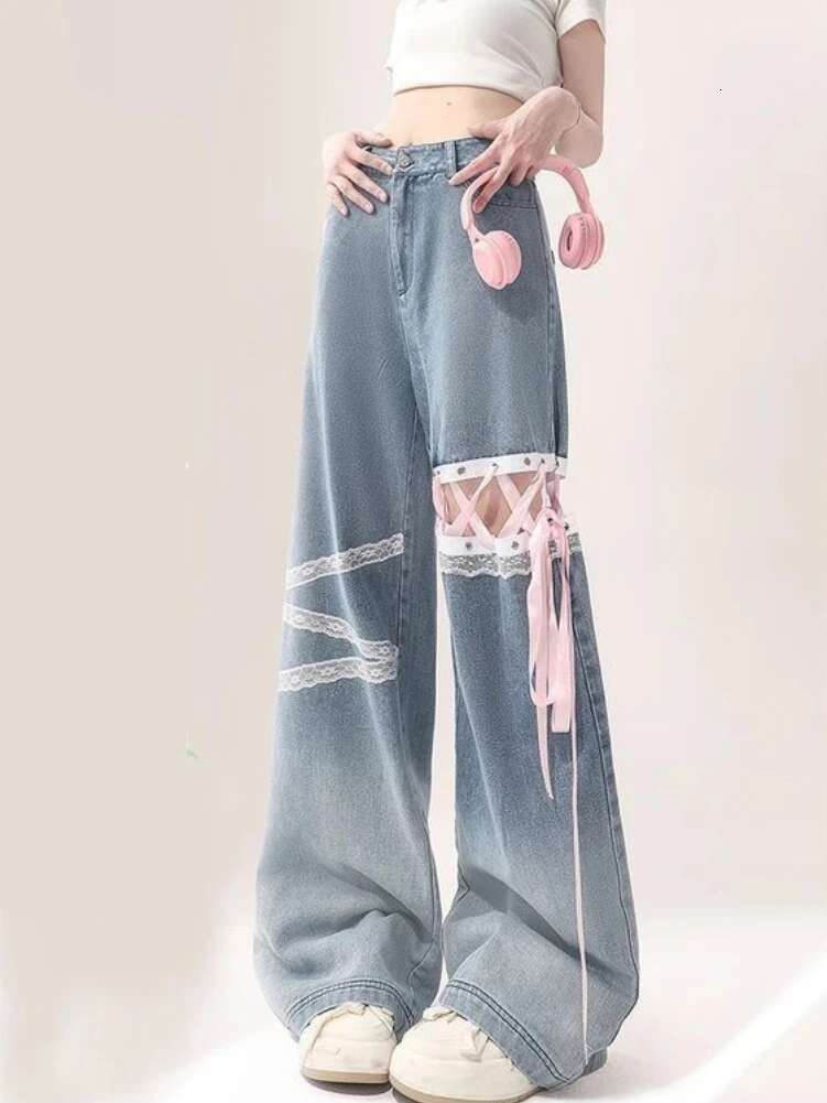 American Sweet Pantalones De Mujer Lace Patchwork Bandage High Waist Casual Loose Jeans Preppy Style All Match Women's Clothing