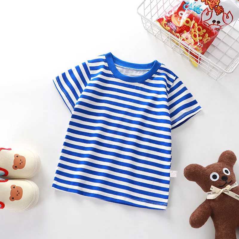 Summer Childrens Stripe Short Sleeve T-shirt Pure Cotton Boys and Girls Blue Red Pink White Stripe T-shirt for Boys and GirlsT250306