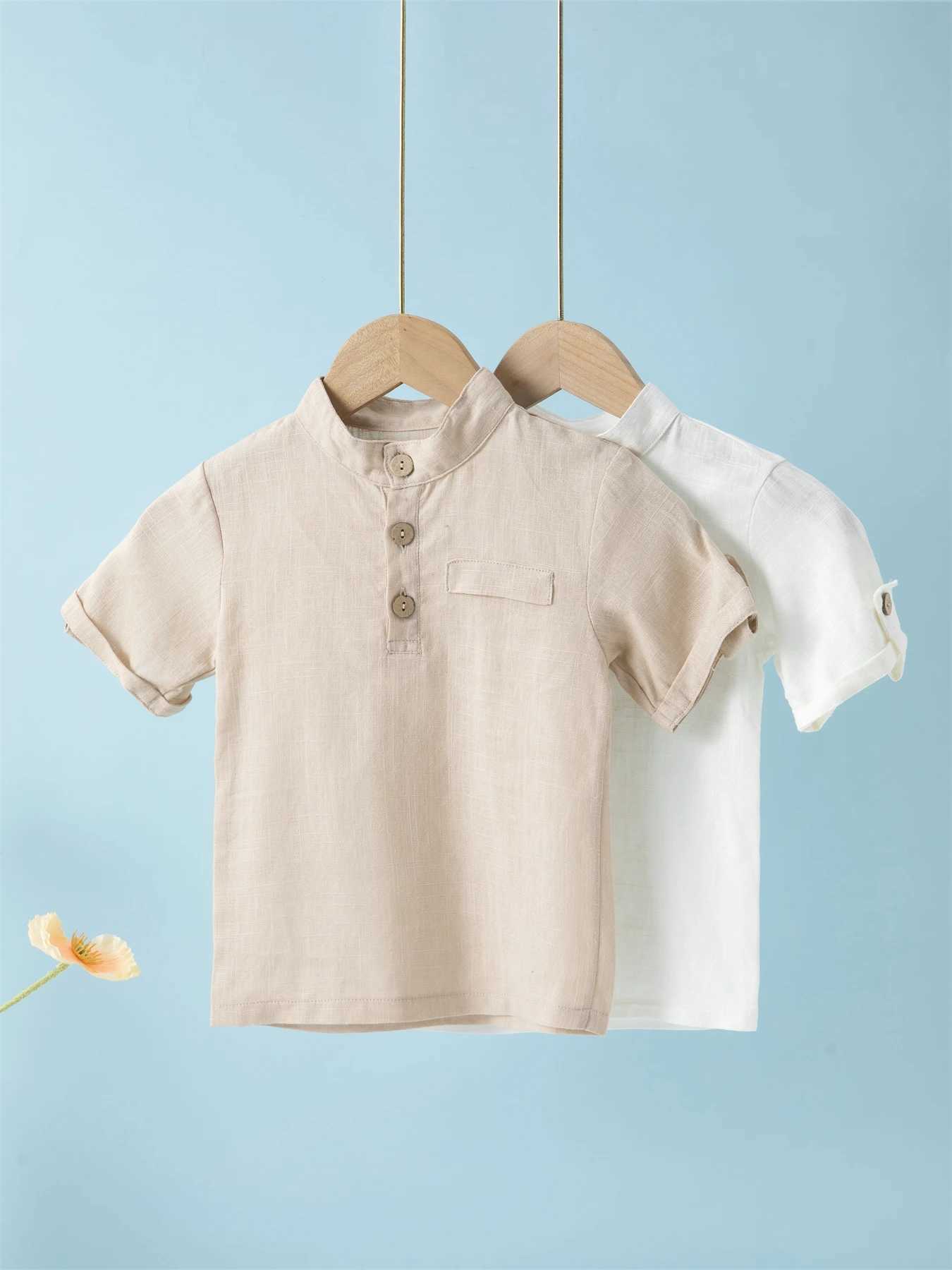 Short Sleeve Polo Shirt for Children Casual Mandarin Collar Solid Color Cotton-Linen Blend Thin SummerT250306