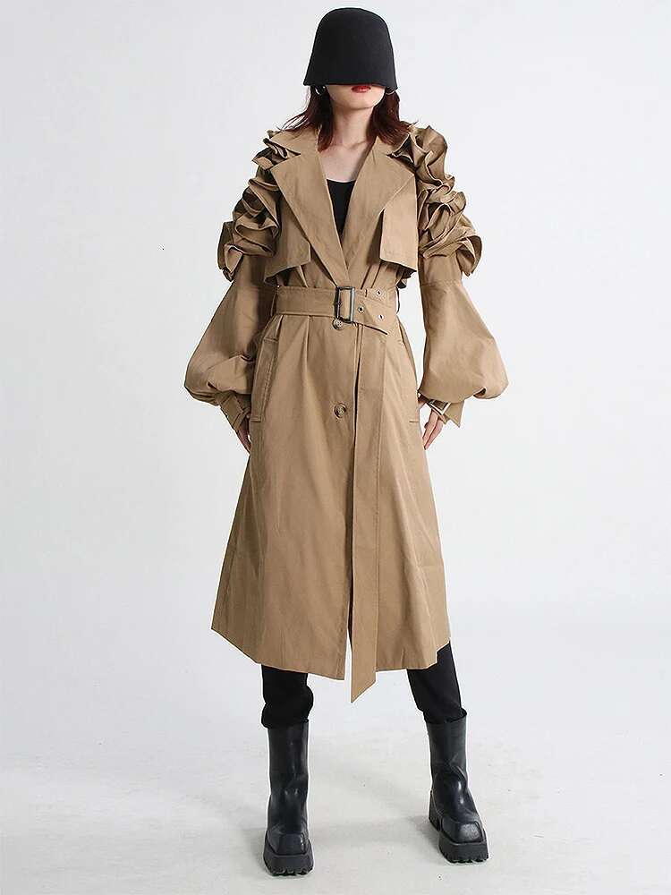 Plusizeshe Spring Autumn Long Elegant Chic Ruffled Khaki Trench Coat For Women Belt Single Breasted Designer Clothes 2024